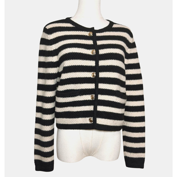 A New Day Black Ivory Striped Gold Button Front Cotton Blend Cardigan Medium - Picture 1 of 7